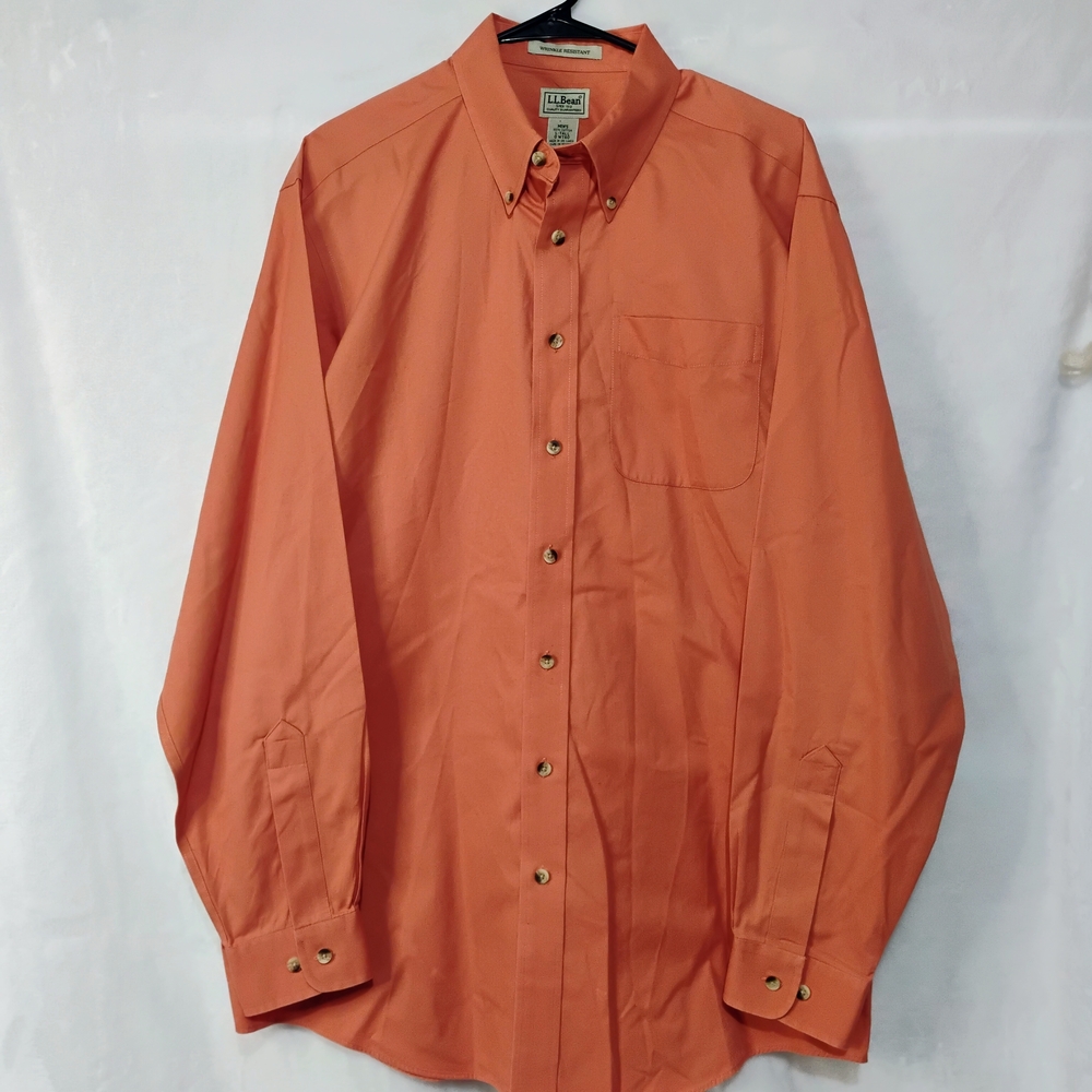 LL Bean Mens Large Tall LT Wrinkle Resistant Cotton Button Shirt Coral Orange H